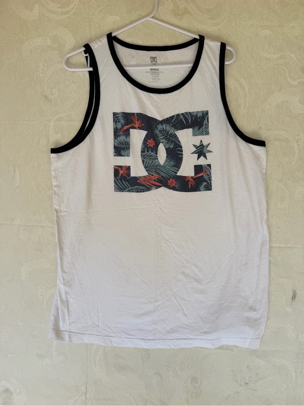 DC White Tank Top with Navy Tropical Logo and Black Trim